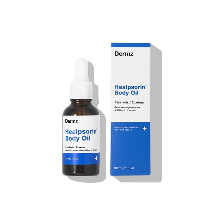 Ulei de corp si fata pentru psoriazis si dermatita atopica, regenerator, Dermz, calmant, anti-mancarime, nutritiv, fara parabeni, fara ftalati, produs vegan, pentru piele foarte uscata si iritata, cu ulei de canepa, catina si argan, ingrediente naturale