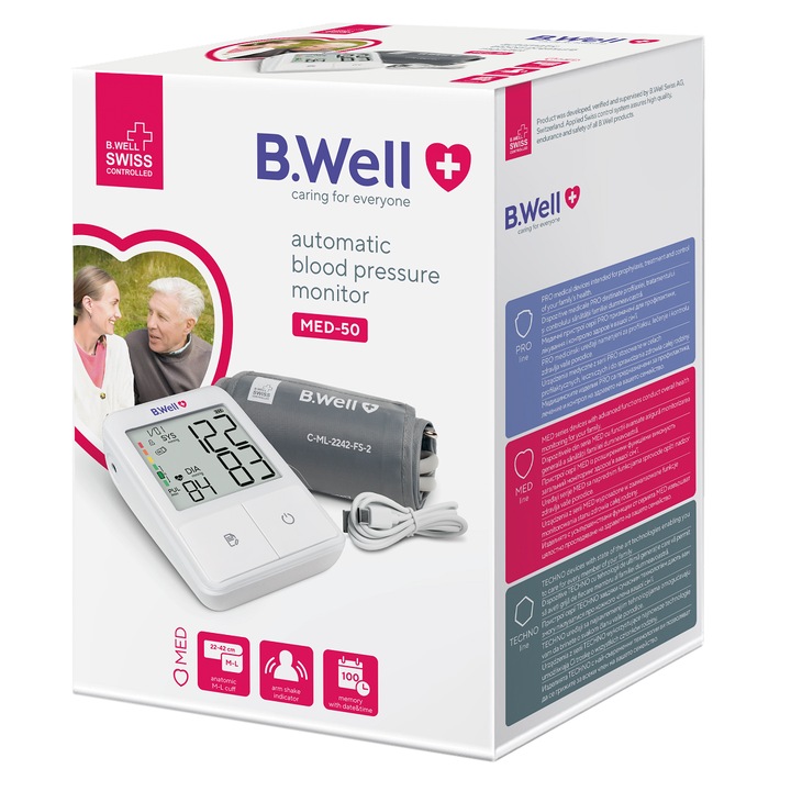Апарат за кръвно B.Well MED-50, M-L маншет, USB-C кабел, Памет