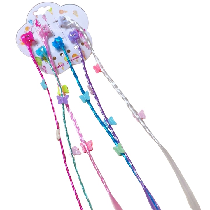 Set extensii colorate de par pentru copii, 18 bucati, design fluturi, flori si inimioare, multicolor