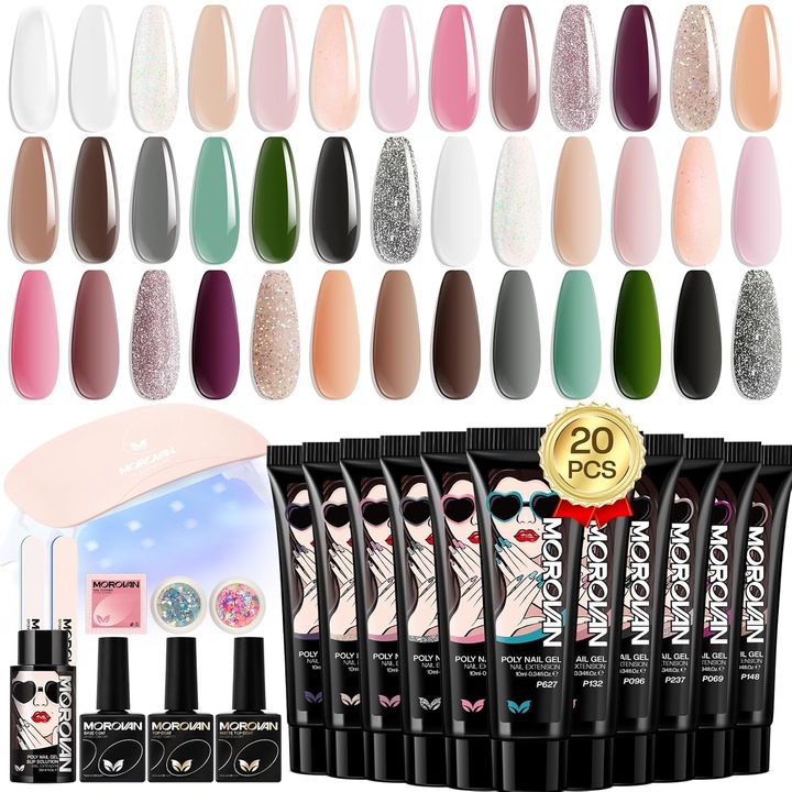 Kit Gel UV Morovan, 20 culori, set multicolor, efecte lucioase si mate, pentru manichiura acasa