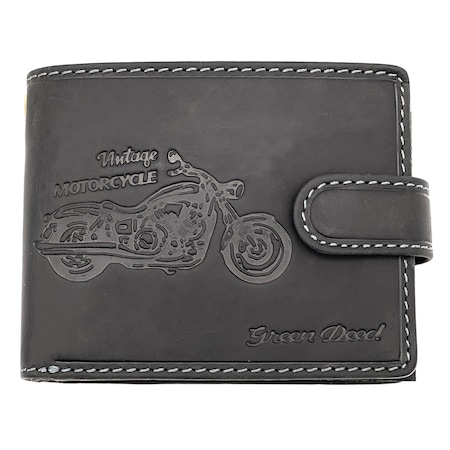 Portofel barbati personalizat cu motocicleta din Piele Naturala, Lant Motocicleta, 12x10x3 cm, Culoare Negru