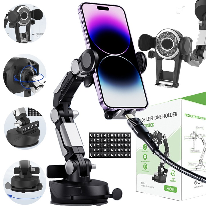 Suport auto universal reglabil cu card de numar de telefon, suport pentru parbriz sau bord, brat lung, rotatie 360 ​​de grade, ventuza super, suport stabil, potrivit pentru toate tipurile de masini