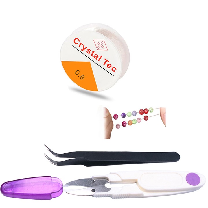 Set 3 Accesorii pentru creat Bratari DANATI, 1 Rola cu fir de 0.8, 1 Penseta si 1 Foarfeca, set de bijuterii, accesorii DIY, creativitate