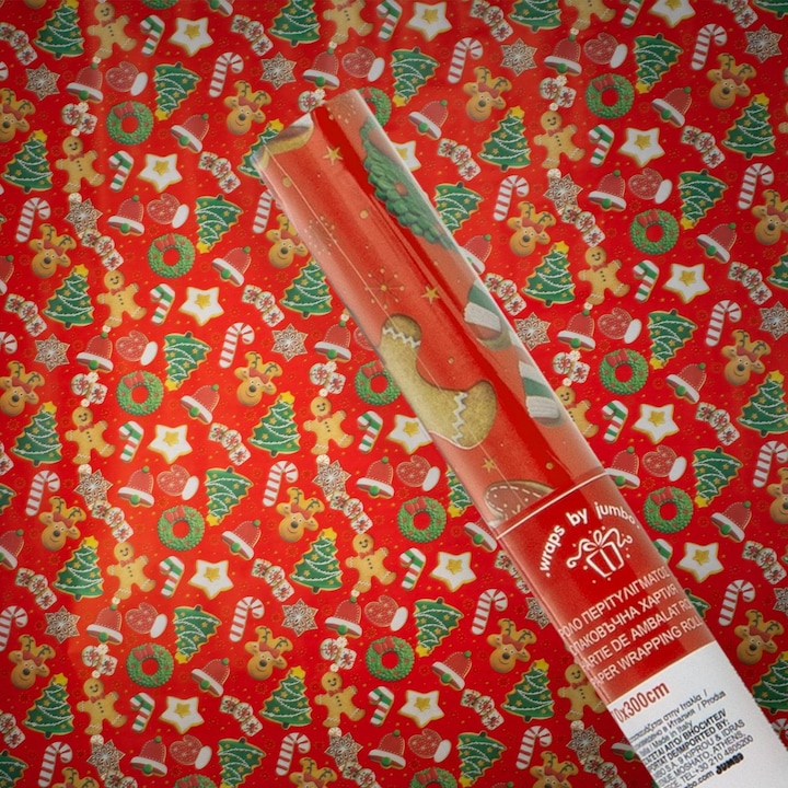 Hartie de impachetat Craciun, roșie, 300x70cm, cu model omuleti si stele
