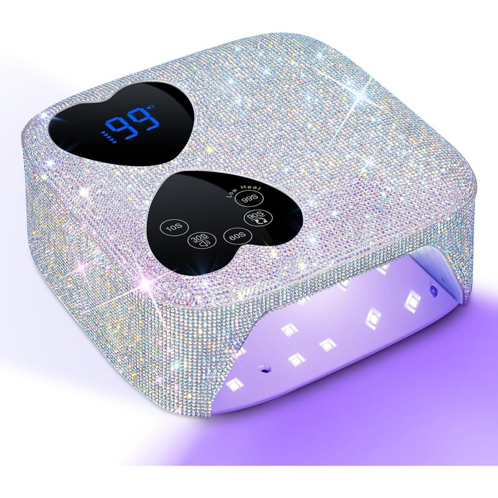 Lampa Unghii UV/LED cu Diamante Stralucitoare, 80W Putere Profesionala, Design Lux, Senzor Automat, Baterie 9600mAh, MOSMAOO, Alb