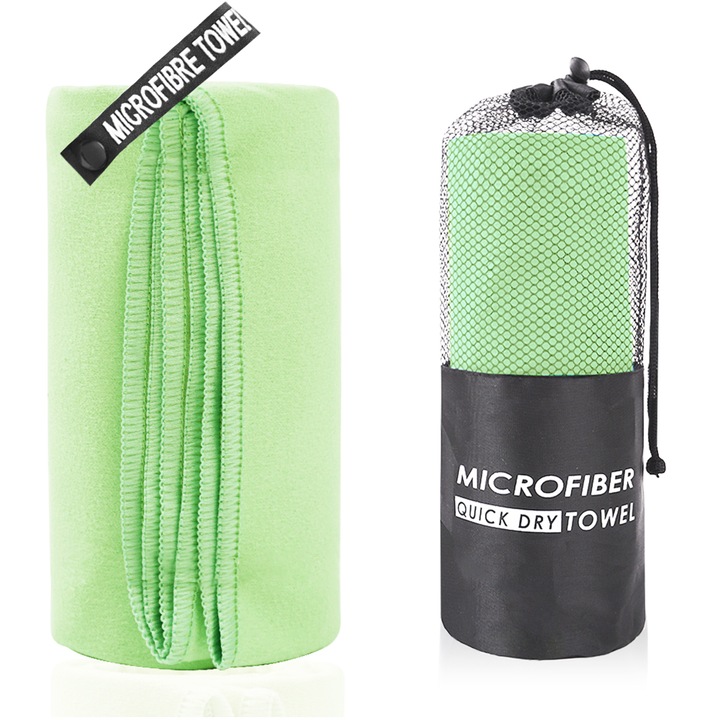 Prosop sport, Kiseari, microfibra, 40x80cm, verde deschis, uscare rapida, absorbtie mare, cu sac reutilizabil