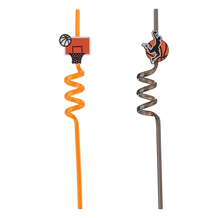 Пластмасови сламки за многократна употреба, спираловидни, оранжеви, черни, баскетболни, ø6x270 мм - 2 бр.