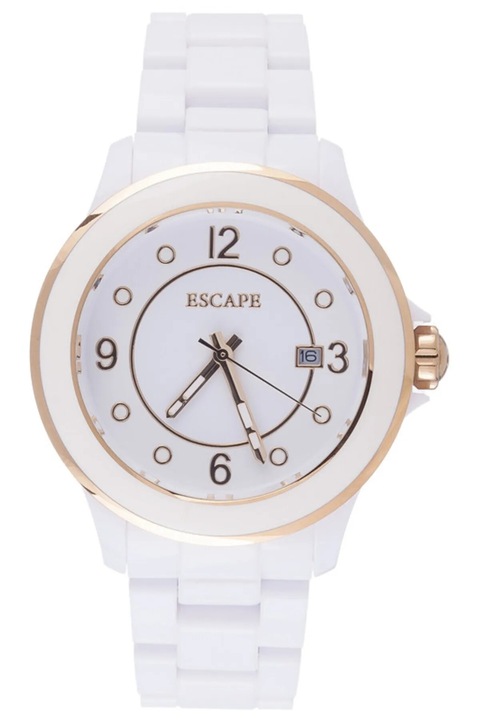 Ceas dama, ESCAPE, plastic, 40 mm, 5 ATM, alb/auriu