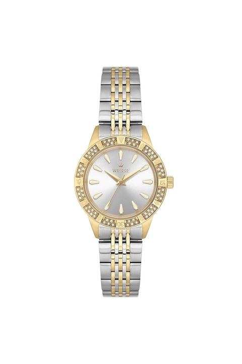 Ceas dama Wesse, model WWL113606, carcasa rotunda 30mm, auriu/argintiu, curea din otel, 5 ATM