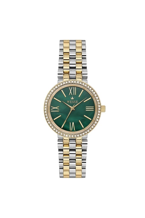 Ceas dama Wesse, model WWL112603, 34mm, auriu/argintiu, curea din otel, cadran verde, 5 ATM