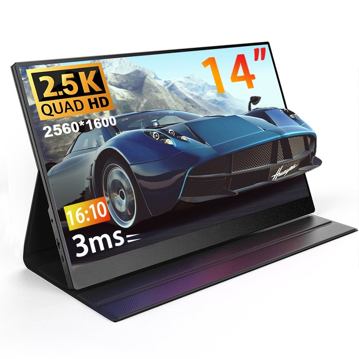 14"-os hordozható gamer monitor, általános, 2.5K 60Hz, FreeSync kompatibilis, 10 bites, HDR, dupla hangszóró, HDMI USB-C, PC/PS5/Switch, beépített állvánnyal és tokkal, otthoni/irodai/e-sport használatra