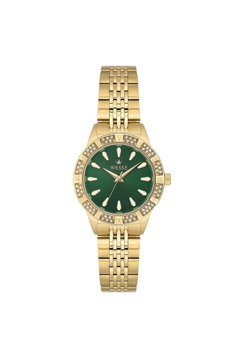 Ceas dama Wesse, model WWL113603, 30 mm, auriu, curea otel, cadran verde, 5 ATM