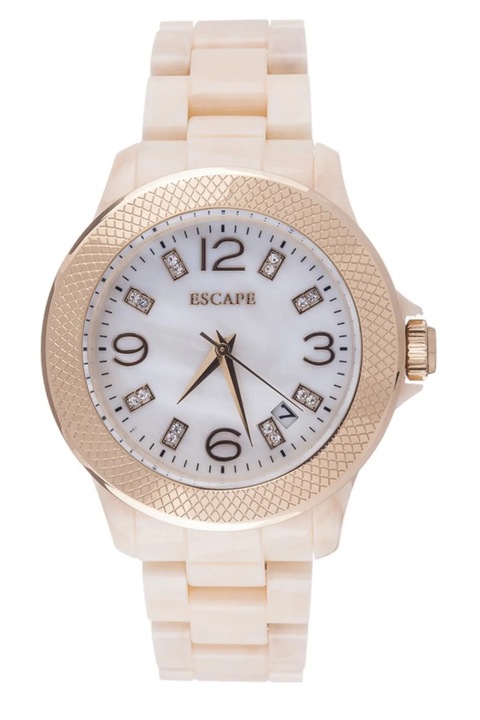 Ceas dama Escape, 40 mm, curea plastic bej, carcasa aurie, cadran alb, rezistenta la apa 5 ATM