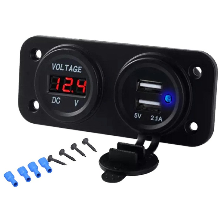 Vízálló kiegészítő elektromos panel terepjárókhoz, ATV-khez, SSV-khez, 12-24V feszültség, 2 x USB és voltmérő