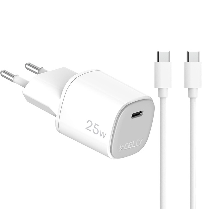 Incarcator Retea Celly UltraCompact GaN 1xUSB-C 25W, include cablu USB-C to TypeC