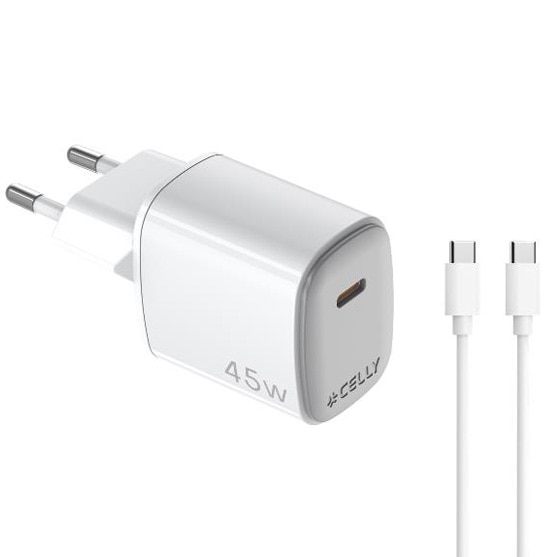 Incarcator Retea Celly UltraCompact GaN 1xUSB-C 45W Alb, include cablu USB-C to TypeC