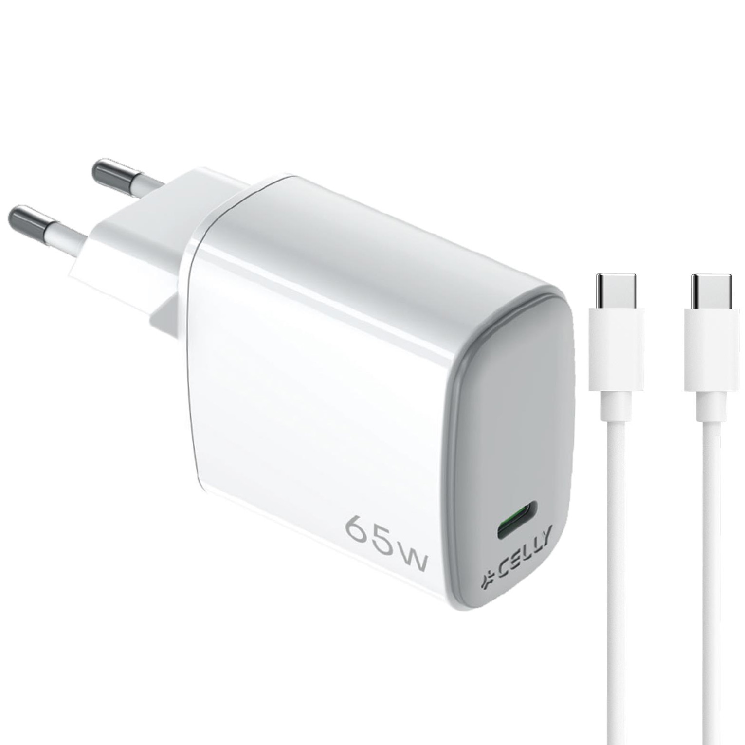 Incarcator Retea Celly UltraCompact GaN 1xUSB-C 65W Alb, include cablu USB-C to TypeC 2m
