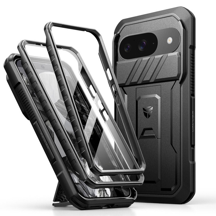Etui pancerne Google Pixel 9a, Dexnor Full Body (set 2 rame), negru, protectie avansata, suport incorporat