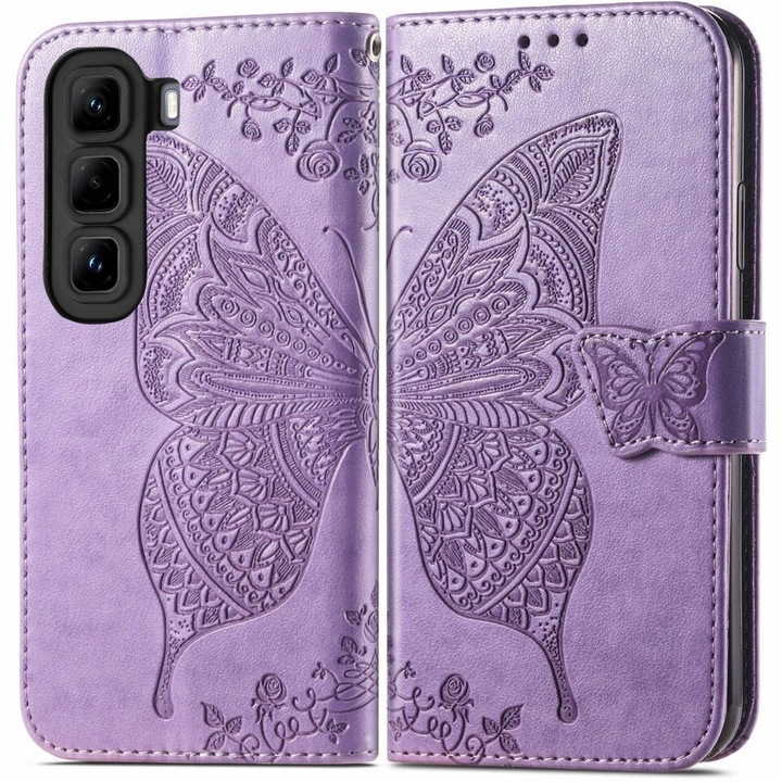 Etui pentru telefon XGSM pentru Infinix Hot 50 4G, Butterfly, violet, cu functie stand, din piele sintetica