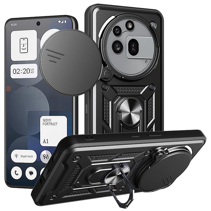 XGSM защитен калъф за Nothing Phone 3A Pro, CamShield Slide, черен, с вградена стойка и магнитна дръжка