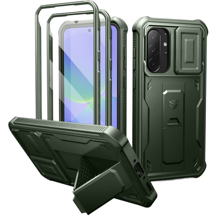Etui pancerne set pentru Samsung Galaxy A36, Kickstand Cam Protector, verde, cu folie de protectie inclusa