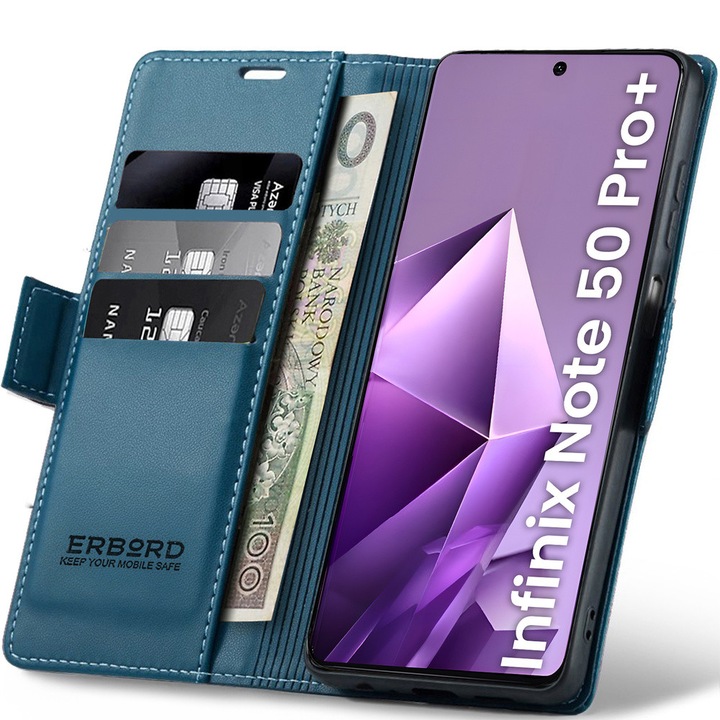 Etui pentru telefon, ERBORD, Infinix Note 50 Pro+, portofel cu clapa, albastru, functie suport