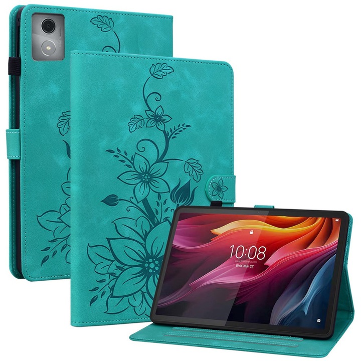 Etui pentru tableta, XGSM, Lenovo Tab K11 Plus, verde, din piele ecologica, cu motive florale, cu functie de suport
