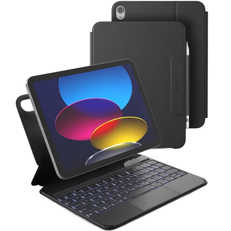 Husa cu tastatura pentru iPad 11 2025 A16 (generatia a 11-a) / iPad 10.9 2022 (generatia a 10-a), tastatura magnetica Dexnor cu touchpad, neagra