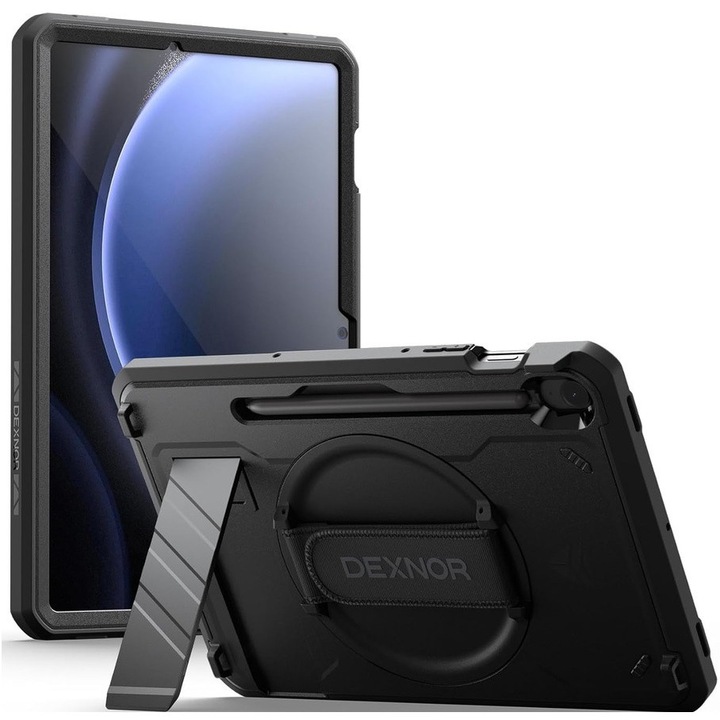 Etui pancerne pentru Samsung Galaxy Tab S10 FE / S9 FE / Tab S9, Dexnor, cu suport rotativ, folie de protectie, negru