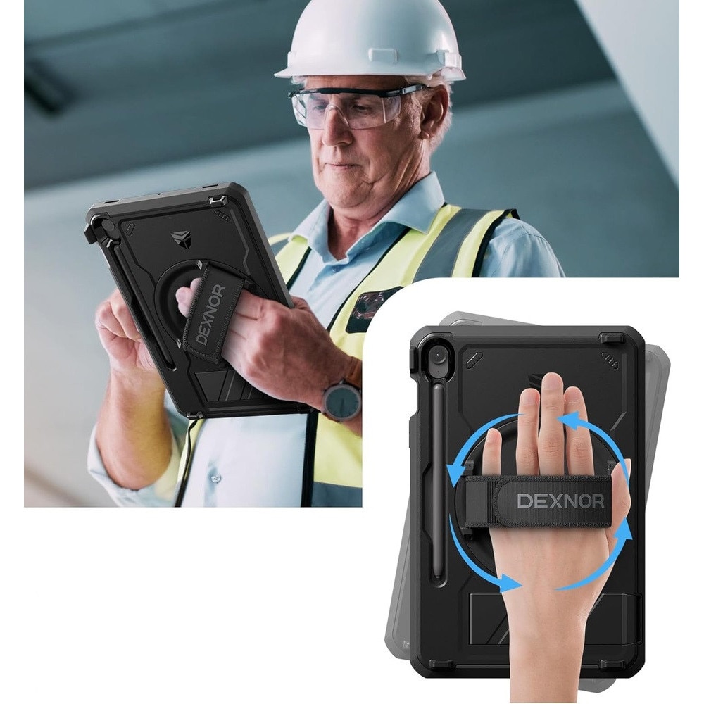 Etui pancerne pentru Samsung Galaxy Tab S10 FE / S9 FE / Tab S9, Dexnor, cu suport rotativ, folie de protectie, negru