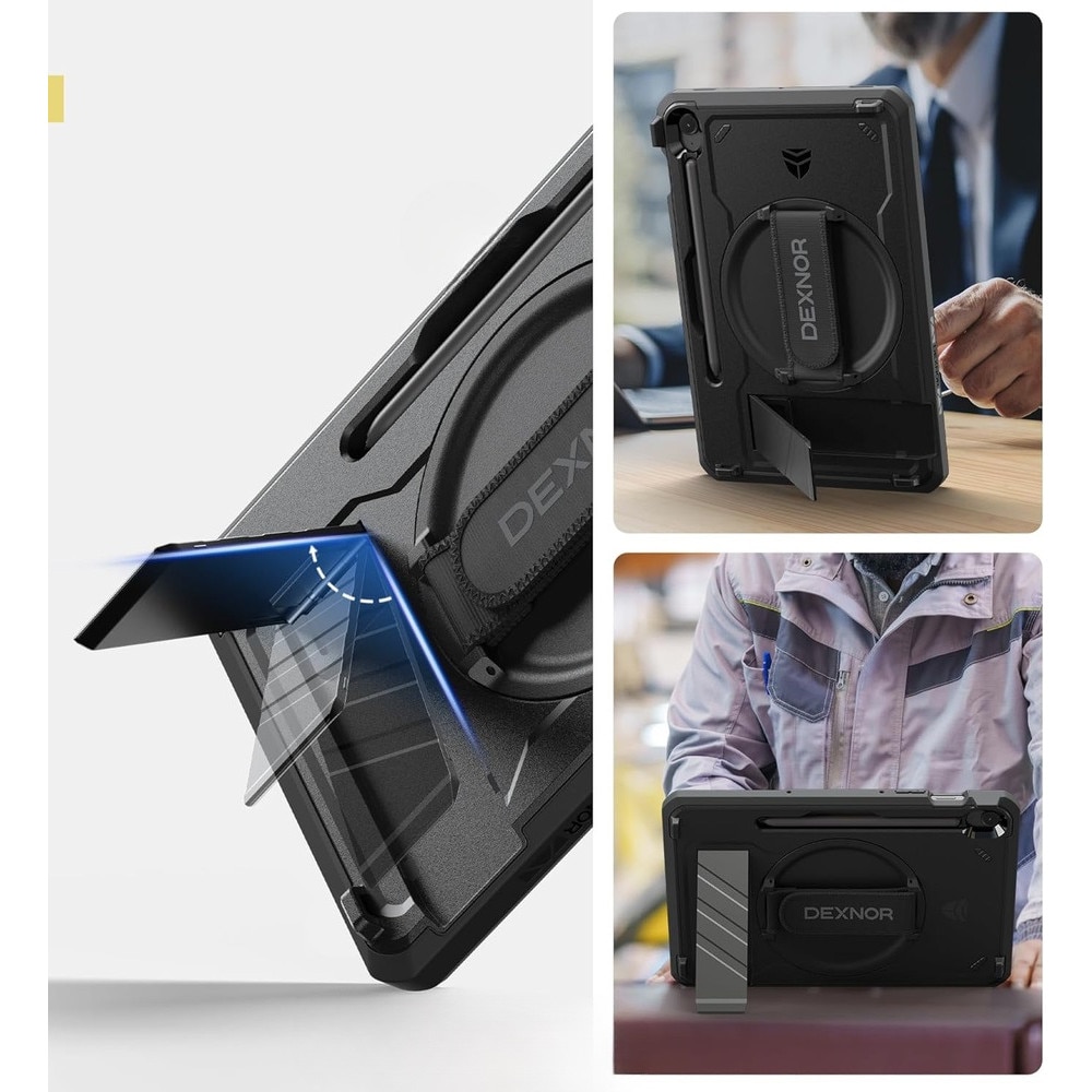 Etui pancerne pentru Samsung Galaxy Tab S10 FE / S9 FE / Tab S9, Dexnor, cu suport rotativ, folie de protectie, negru