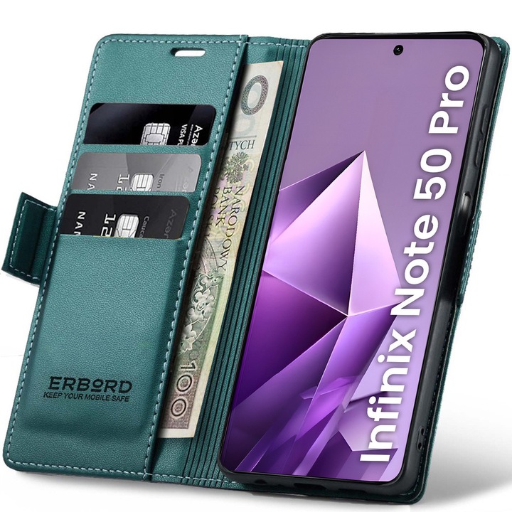 Etui pentru telefon Infinix Note 50 Pro, portofel cu clapa, verde, functie suport, ERBORD