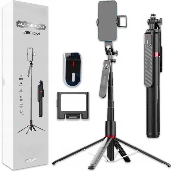 Baston selfie Blavec Aluminium Fusion P08 cu stativ, telecomanda si lampa LED 2,2 metri, negru