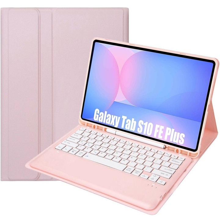 Husa XGSM cu tastatura Bluetooth pentru Samsung Galaxy Tab S10 FE+ X620 / X626B, roz, cu suport pentru S Pen, functie de suport
