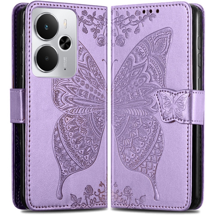 Husa telefon XGSM pentru Realme 14 5G / Realme 14T 5G, Butterfly, violet, cu functie stand, din piele sintetica
