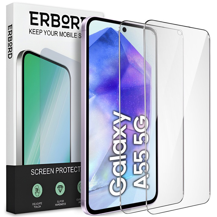 Set 2x Folii de Protectie ERBORD 9H Hard Glass pentru Samsung Galaxy A55 5G, rezistenta la zgarieturi, transparent, compatibil cu etui