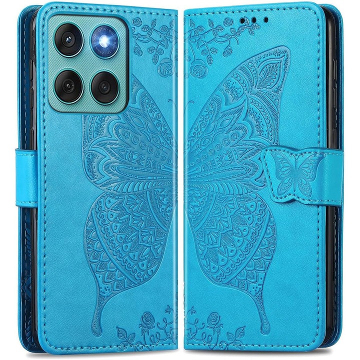 Husa telefon XGSM pentru Motorola Edge 60 / 60 Fusion, Butterfly, sintetica, albastra, cu functie stand, cu buzunare practice