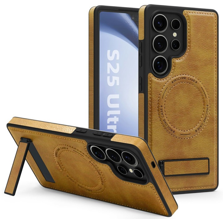 Husa telefon GKK pentru Samsung Galaxy S25 Ultra, piele, suport, compatibila cu MagSafe, brown