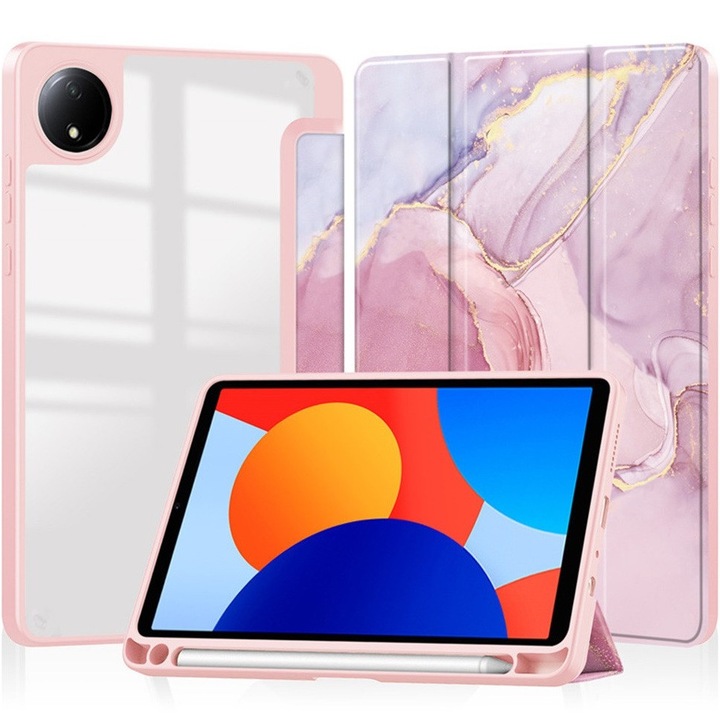 Husa tableta XGSM pentru Xiaomi Redmi Pad SE 8.7", Smartcase Hybrid, tri-fold, roz, cu loc pentru stylus