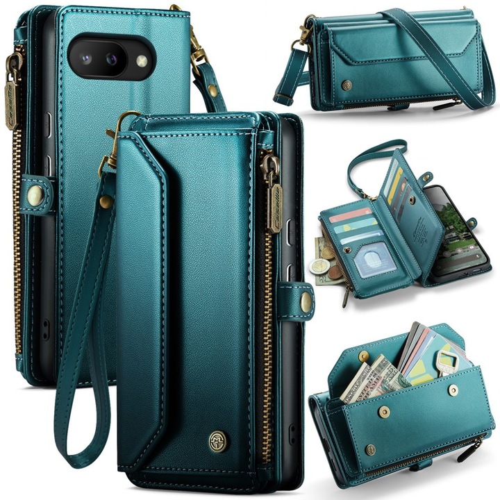Etui pentru Google Pixel 9a, CaseMe, verde, 10 compartimente pentru carduri, functie de suport, set complet