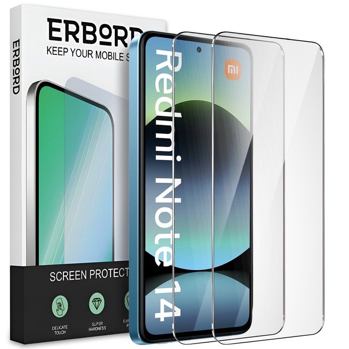 Set 2x Szklo Hartowane ERBORD 9H Hard Glass pentru Xiaomi Redmi Note 14 4G, transparent, 9H, montaj simplu