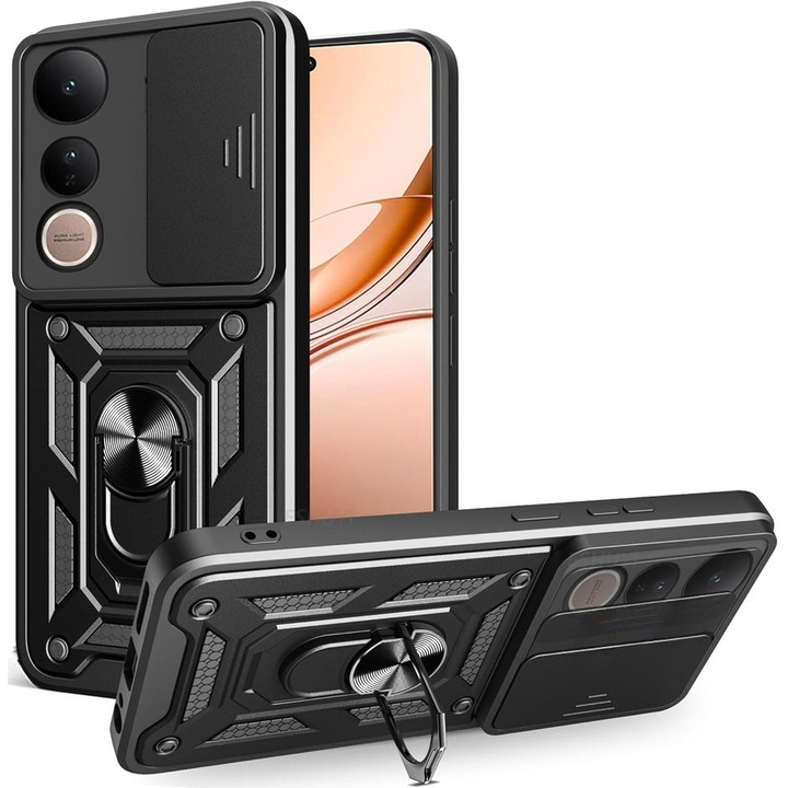 Etui pancerne XGSM pentru Vivo V50 Lite 4G / 5G, CamShield Slide, negru, cu suport integrat si maner magnetic