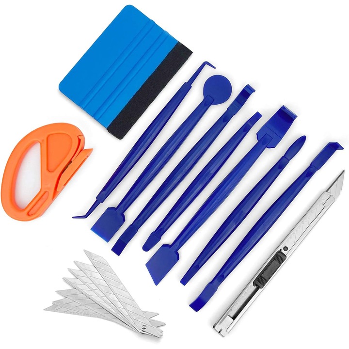Set 11 accesorii pentru montaj folie auto, folie geamuri, Dimensiuni diferite, Cu racleta, cutter si lame de schimb, instrumente pentru detalii, Usor de curatat, Plastic, Cauciuc si otel inoxidabil
