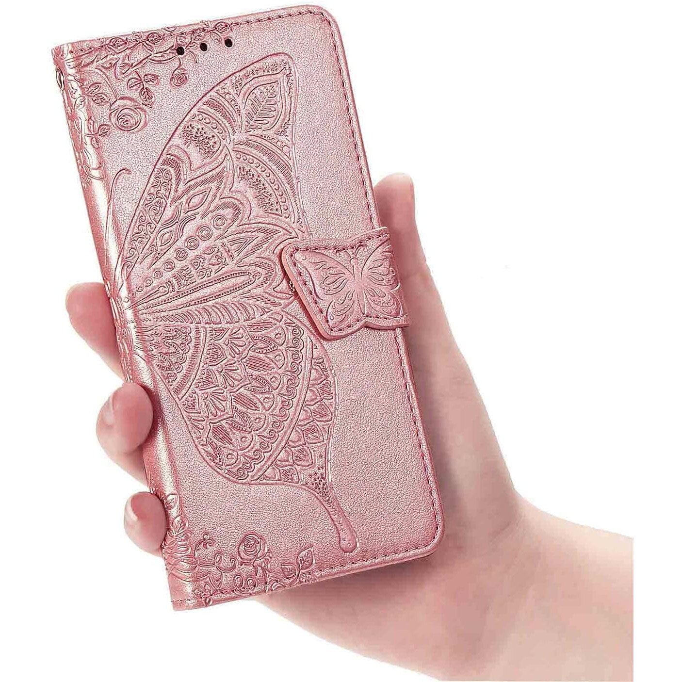 Husa telefon XGSM pentru Realme Note 70T 4G, Butterfly, roz gold, cu functie stand, din piele sintetica
