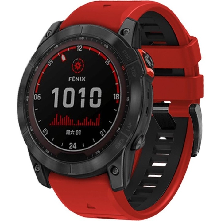 Curea fin silicon pentru Smartwatch Garmin Fenix, XGSM, 26mm, design sportiv, rosu/negru