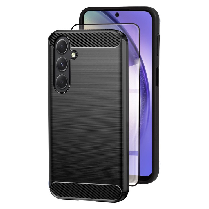 Husa telefon XGSM pentru Samsung Galaxy A15 5G / A15 4G, Karbon, neagra, set cu sticla 9H