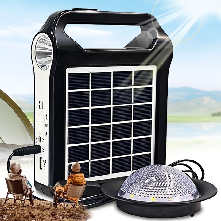 Мини преносим генератор, Excitat®, соларно зареждане, USB, 2500 mAh, 6V 2W соларен панел с две LED светлини, със заряден кабел, Преносим, Енергоспестяващ, издръжлив, функция powerbank, Черен