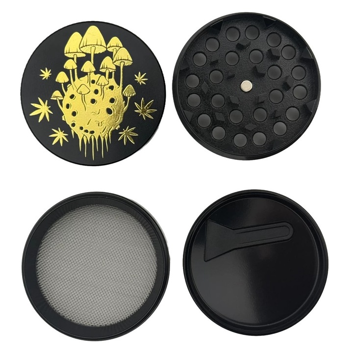 Комплект лула Mushroom и гриндер за халюциногенни гъби, 4 части, Неръждаема стомана, Силикон, Ø50 мм, Зелен