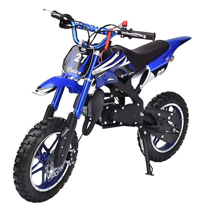 Motocicleta cross Promerco® pentru copii de 49cc, ideala pentru initierea in off-road si dezvoltarea abilitatilor de echilibru si coordonare, culoare albastru