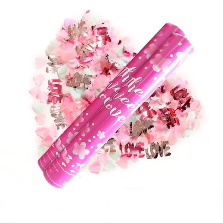 Конфети оръдие, Flippy, Сърца с конфети и любовно послание, 40 x 5 см, Розово и бяло